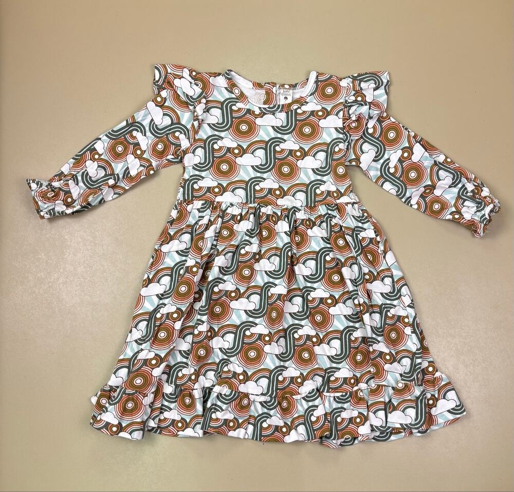 Kate Quinn Girls 4T Organic Cotton Retro Rainbow Cloud Ruffle Dress